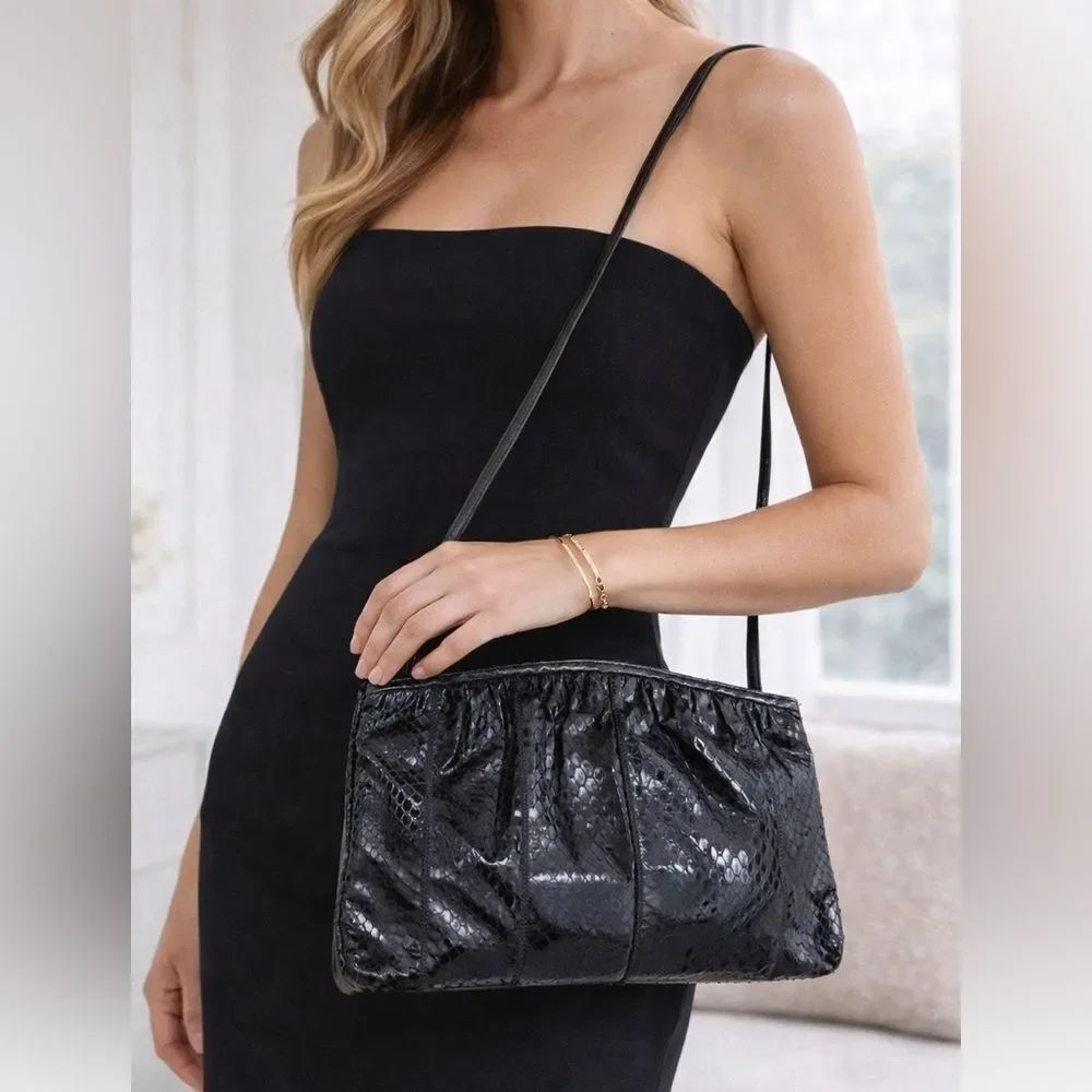 Palizzio Black Snakeskin Embossed Clutch Shoulder Bag Convertible Purse Vintage